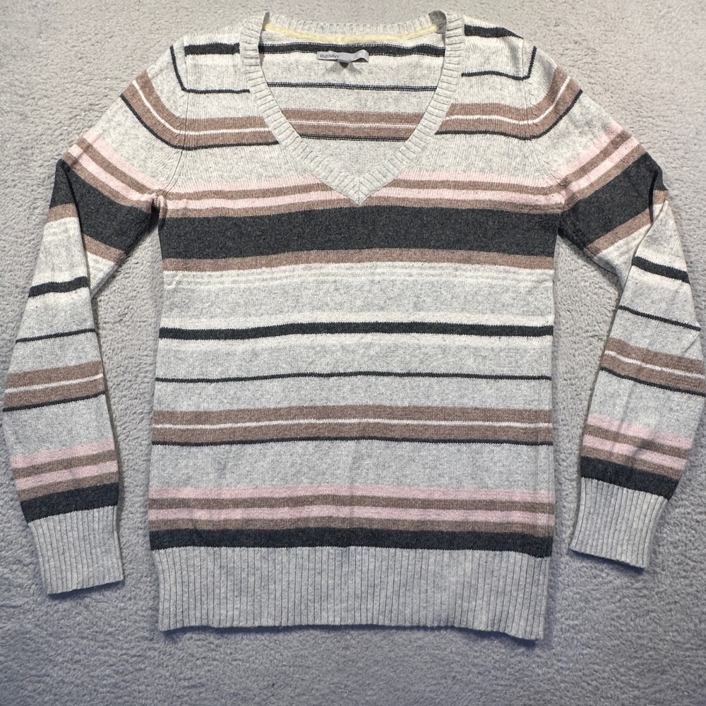 Y2K Old Navy Women's V-Neck Striped‎ Sweater L Gray Brown Pink Wool Blend